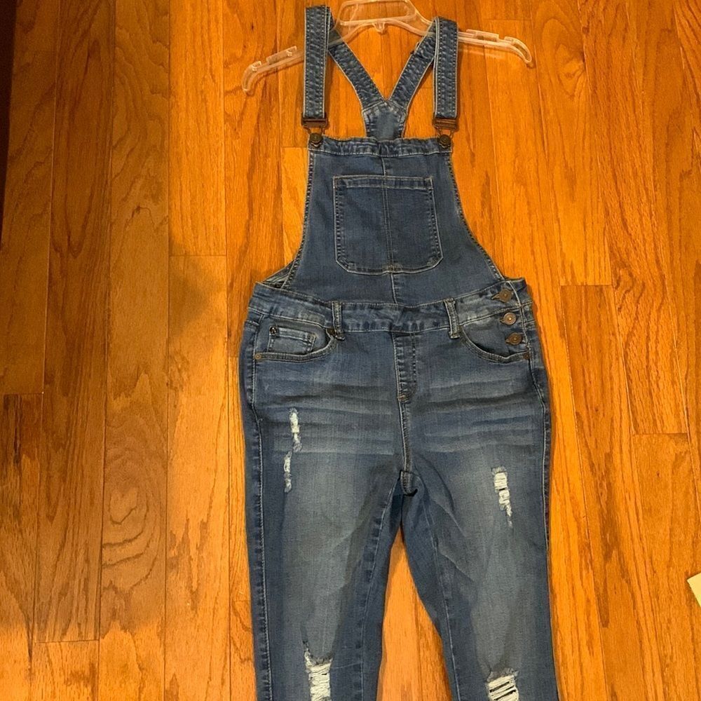 EnJean denim overalls with adjustable strap & distressed legs